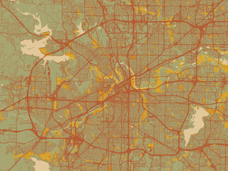 Fototapeta premium Abstract flat-design map of Fort Worth, Texas, featuring sage green ground with rust-red roads and ochre accents.