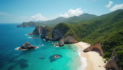 Obraz premium Coastal view reveals island. Turquoise water meets white sand beach. Rocky cliffs meet the green mountain side. Summer day. Paradise vacation and travel destination.