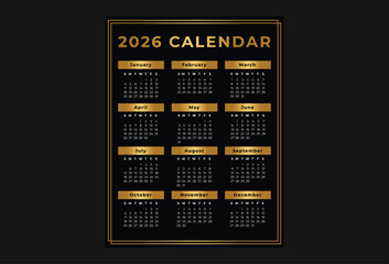 2026 Black and Gold Calendar Vector Design