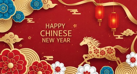 Fototapeta premium Festive red background with golden horse illustration intricate floral elements red lanterns and clouds celebrating Happy Chinese New Year Lunar New Year Celebration Flowers Traditional