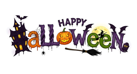 Happy Halloween creative word art on white background