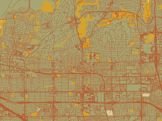 Flat painterly map of Fullerton, California in muted sage base, rust-colored roads, and soft ochre highlights.