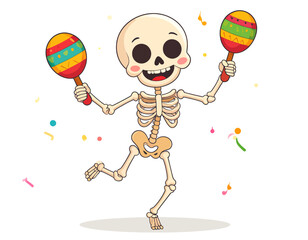 Cute cartoon skeleton dancing with maracas.Fun and playful Halloween illustration of a cheerful cartoon skeleton dancing with maracas.