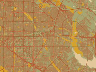 Graphic flat color map of Garland, Texas in earthy sage background with rust roadways and ochre details.