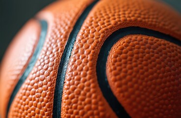 Obraz premium Detailed close-up of orange basketball surface. Textured sphere with black lines ready for game. Used for sport, training, competition, or decoration.