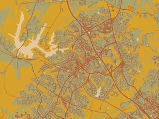 Minimalist flat city map of Germantown, Maryland with earthy sage background with rust roadways and ochre details.