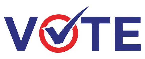 A graphic design of the word VOTE in blue, with the 'O' replaced by a red circle and a blue checkmark. © Baloch