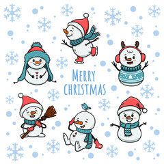 Set of cute cartoon snowmans for content , banner, stickers and greeting card, christmas and new year. The collection of funny snowmen in doodle style. Vector