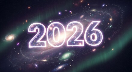 The year 2026 illuminated with a cosmic background featuring galaxies nebulae and stardust trails space galaxy stars astronomy universe future celebration new year abstract light glowing