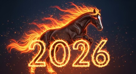 A dark horse with a fiery mane and tail leaps over the glowing numbers 2026 surrounded by sparks and embers against a dark background fire year celebration new year animal fantasy dramatic