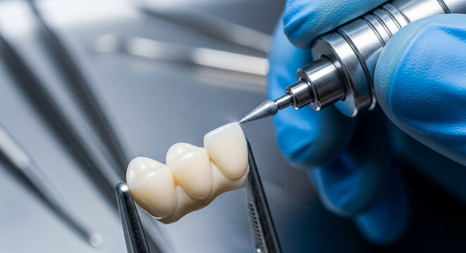 Closeup dental technician meticulously crafting porcelain dental bridge using specialized tools and equipment in laboratory setting