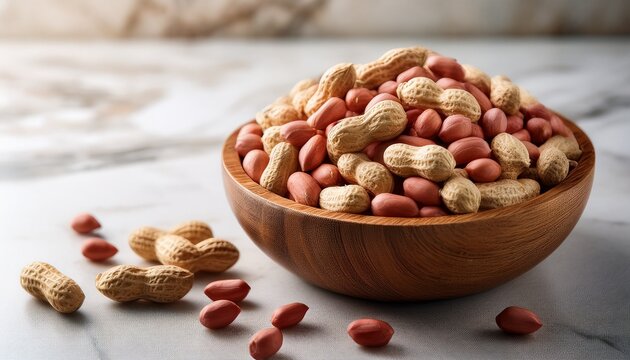 Raw Peanut Seeds In A Wooden Bowl On A Marble Countertop Dried Peeled Groundnut As Healhy Vegetarian Snack Whole Organic Monkey Nut For Dietary Nutrition Arachis Hypogaea Fruits