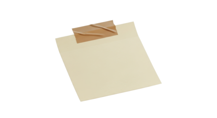 A small beige sticky note with a piece of brown tape on top, flat-lay view, simple shadow, realistic paper texture, minimalist memo aesthetic, isolated element