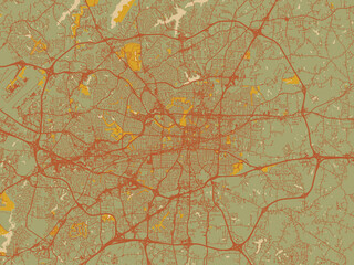 Abstract flat-design map of Greensboro North, Carolina, featuring sage/olive tone field with rust networks and ochre shapes, cream water.