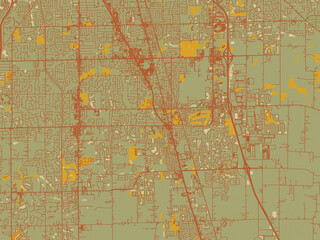 Vector-style flat map of Greenwood, Indiana with sage/olive tone field with rust networks and ochre shapes, cream water.