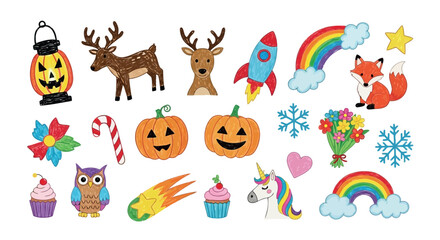 Fototapeta premium Vector art of collection of cute cartoon icons for holidays and fantasy