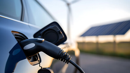 Obraz premium Electric vehicle charging with renewable energy sources like wind turbines and solar panels, promoting sustainability. Eco-friendly transportation solution.