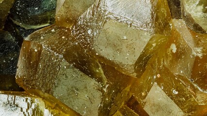 Garnet (grossular, andradite, hessanite) macro crystals. Sinyaya Rechka deposit mineral, Far East, Russia. High magnification microphotograph- scale 10X.