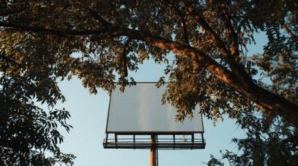 Blank billboard framed by trees