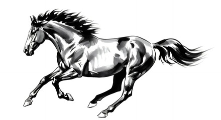A dynamic ink wash illustration depicts a powerful black and white horse in full gallop its mane and tail flowing with motion against a clean white background capturing the essence of speed and grace