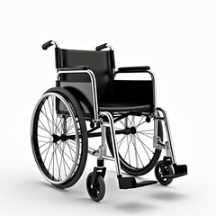 Fototapeta premium Modern wheelchair with chrome frame and black padded rests on white background. Designed for mobility assistance and patient comfort in medical settings. Aids movement and support.