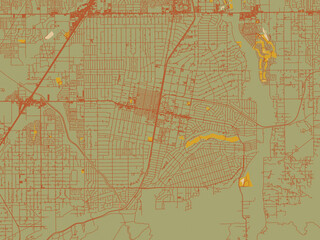 Contemporary flat map of Hesperia, California rendered with muted sage base, rust-colored roads, and soft ochre highlights.