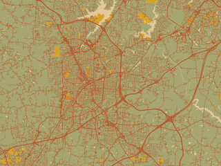 Decorative flat city map of High Point North, Carolina using sage green ground with rust-red roads and ochre accents.