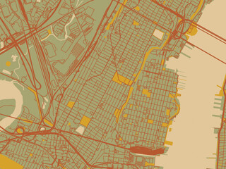 Vector-style flat map of Hoboken New, Jersey with sage/olive tone field with rust networks and ochre shapes, cream water.