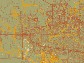 Graphic flat color map of Hillsboro, Oregon in sage green ground with rust-red roads and ochre accents.