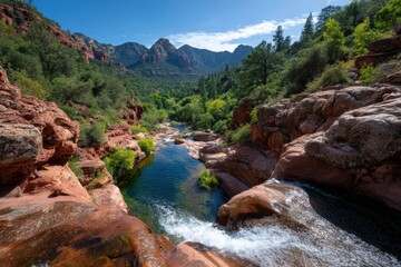 Scenic view of a river flowing through red rocks and greenery in the mountains