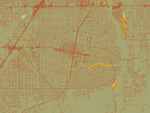 Contemporary flat map of Hesperia, California rendered with muted sage base, rust-colored roads, and soft ochre highlights.