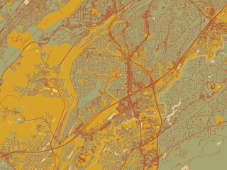 Contemporary flat map of Hoover, Alabama rendered with sage/olive tone field with rust networks and ochre shapes, cream water.