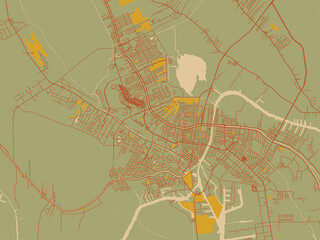 Flat painterly map of Houma, Louisiana in muted sage base, rust-colored roads, and soft ochre highlights.