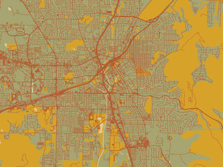 Vector-style flat map of Huntsville, Alabama with sage green ground with rust-red roads and ochre accents.