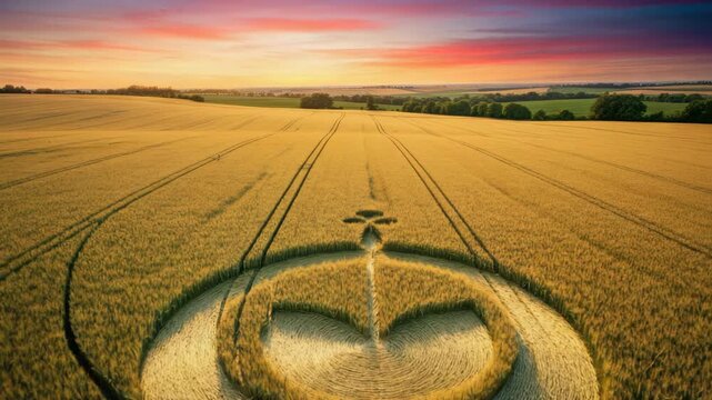 Intricate crop circle in golden wheat field at sunset with vibrant sky