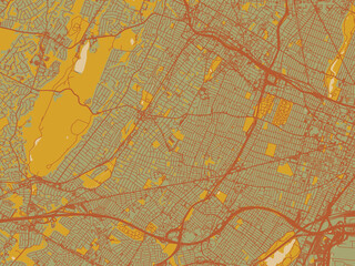 Graphic flat color map of Irvington, New jersey in muted sage base, rust-colored roads, and soft ochre highlights.