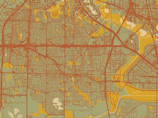 Obraz premium Abstract flat-design map of Irving, Texas, featuring olive backdrop with warm rust street network and ochre blocks.