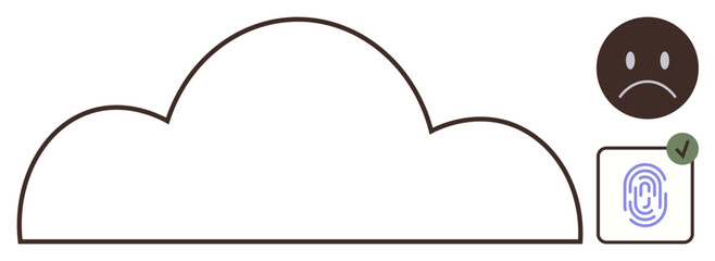Cloud outline with biometric fingerprint pad and negative emoticon highlighting security concerns. Ideal for technology, privacy, cybersecurity, authentication, access control, cloud storage, data