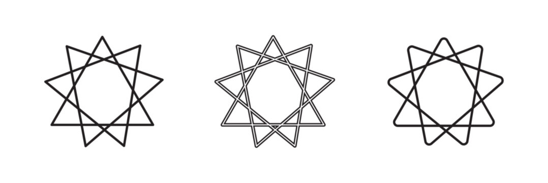 Bahai star. Black linear Baha'i symbols set. nine pointed star bahai symbol set. Religious symbol of Bahaism. Vector illustration.
