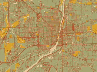 Contemporary flat map of Joliet, Illinois rendered with earthy sage background with rust roadways and ochre details.