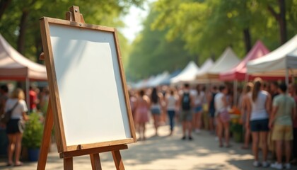 Wooden easel with blank white sign stands at outdoor market event. Blurred background shows crowd of people walking along vendor stalls in sunlight. Promotional display space.