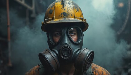 Obraz premium Male worker wears gas mask, dirty yellow hard hat. Works in smoky, gritty industrial environment. Image shows tough job conditions, health risks, air pollution impacts. Safety, protection essential