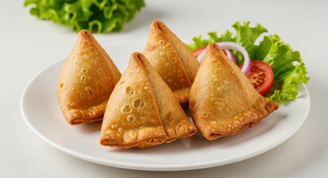 Four golden brown singara served on a white plate with lettuce and onion