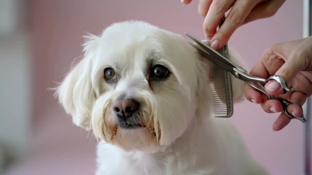 Cute white Maltese Bichon dog getting a haircut with scissors and comb during grooming session on pastel pink background.