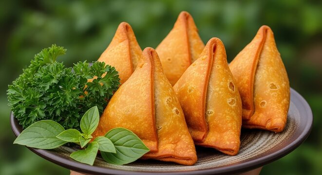 Golden brown singara served with fresh green herbs on a plate