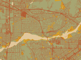 Obraz premium Poster-ready flat map of Jurupa Valley, California, earthy sage background with rust roadways and ochre details.