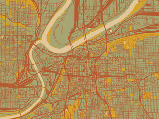 Flat painterly map of Kansas City Center, Kansas in sage green ground with rust-red roads and ochre accents.