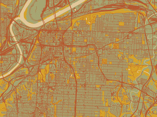 Contemporary flat map of Kansas City, Missouri rendered with muted sage base, rust-colored roads, and soft ochre highlights.