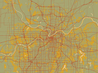 Minimalist flat city map of Kansas City, Kansas with olive backdrop with warm rust street network and ochre blocks.