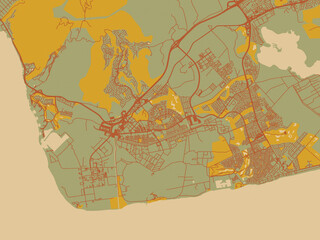 Naklejka premium Vector-style flat map of Kapolei, Hawaii with muted sage base, rust-colored roads, and soft ochre highlights.